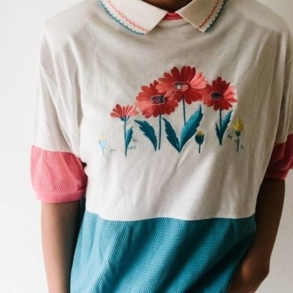 Pykettes Vintage Floral Embroidered Colorblock Polo Shirt White Pink Teal Large - Picture 2 of 8